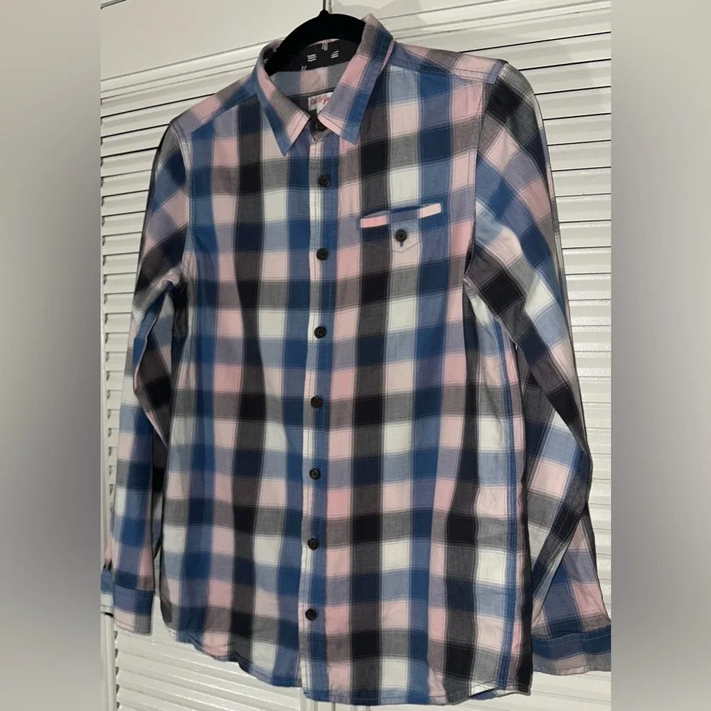 Cat & Jack Boys Pink Blue Plaid Long Sleeve Button Up‎ Shirt Size XL (16) *FLAW*